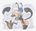  2girls alt_text animal_ears black_thighhighs breast_press breasts cat_ears cat_girl clothing_cutout commentary english_commentary heads_together highres holding_hands itsjarrrd jacket leaning_forward leotard mio_(xenoblade) multiple_girls navel navel_cutout one_eye_closed open_clothes open_jacket pantyhose sena_(xenoblade) signature small_breasts smile symmetrical_docking tail thighhighs white_hair white_jacket white_leotard xenoblade_chronicles_(series) xenoblade_chronicles_3 