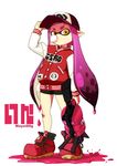  1girl absurdres baseball_cap bike_shorts boots bubble bubble_blowing chewing_gum domino_mask hat highres inkling jacket letterman_jacket long_hair long_sleeves mask mayoi89g monster_girl pink_hair pointy_ears solo splatoon_(series) splatoon_1 tentacle_hair yellow_eyes 