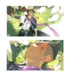  1boy absurdres animal baby_animal bandaged_arm bandages belt belt_buckle black_belt black_coat black_hair blood blood_stain buckle closed_eyes closed_mouth coat collared_coat cross cross_print danganronpa_(series) danganronpa_2:_goodbye_despair dirty dirty_face expressionless field frown grey_hair grey_pants grin happy high_collar highres jacket lamb long_sleeves lying male_focus multicolored_hair on_back on_ground open_clothes open_coat open_jacket outstretched_arm pants print_shirt purple_scarf saman_zero7 scar scar_across_eye scar_on_face scarf sequential shadow sheep shirt short_hair sideburns sleeve_cuffs smile spoilers streaked_hair tanaka_gundham three-quarter_sleeves two-tone_hair very_short_hair white_jacket white_shirt 