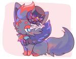 2026 ambiguous_gender blue_eyes blush blush_lines bow_ribbon canid canine clothing drifloon eyebrows feral fluffy fur generation_4_pokemon generation_5_pokemon grey_body grey_fur grey_hair hair hat headgear headwear hi_res mammal nintendo paws pokemon pokemon_(species) red_hair seta629211 simple_background sitting solo tail zorua