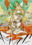  2girls absurdres blue_sky braid cafe_artful cape character_request cloud commentary_request earrings freckles hands_on_another's_shoulders hayasaka_mebawe helmet highres jewelry kneeling looking_up multiple_girls outdoors planted planted_sword rance_(series) round_eyewear sky string_of_flags sword tent twin_braids twitter_username weapon winged_helmet 