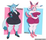 absurd_res anthro big_breasts big_butt blue_body blue_fur bottomwear breasts business_attire butt charlotte_(chocolatebunnyfinn) chocolatebunnyfinn clothed clothed_anthro clothed_female clothing curvy_figure duo eeveelution female female_anthro footwear fur generation_4_pokemon generation_6_pokemon glaceon hi_res high_heels huge_butt nintendo pokemon pokemon_(species) sandy_(chocolatebunnyfinn) shoes shorts sibling_(lore) sister_(lore) sisters_(lore) skirt sylveon topwear voluptuous voluptuous_anthro voluptuous_female white_body white_fur wide_hips