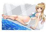  arm_support ass bad_feet barefoot brown_eyes brown_hair competition_swimsuit dutch_angle mashinatsu one-piece_swimsuit original ponytail poolside solo swimsuit 