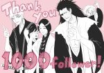  1boy 3girls anno_im badge bleach bleach:_sennen_kessen-hen blush_stickers braid commentary_request earrings eyepatch finger_counting fukutaichou_badge greyscale_with_colored_background haori highres japanese_clothes jewelry kotetsu_isane kusajishi_yachiru long_hair midriff_sarashi milestone_celebration multiple_girls obi open_mouth pink_background sarashi sash scar scar_across_eye scar_on_face scar_on_lip sheath sheathed shihakusho short_hair_with_long_locks single_braid smile sword taichou_haori thank_you typo unohana_retsu very_long_hair weapon zaraki_kenpachi 