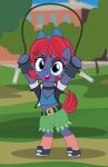 absurd_res accessory badumsquish belt blue_body blue_eyes blue_fur bow_ribbon choker clothing cosplay crossover crossover_cosplay crossplay digital_drawing_(artwork) digital_media_(artwork) earth_pony equid equine eyebrows eyelashes feral fluffy fluffy_chest freckles friendship_is_magic fur hair hair_accessory hair_bow hair_ribbon hasbro hi_res horse jewelry jump_rope looking_at_viewer male mammal my_little_pony necklace open_mouth open_smile pony purple_hair ribbons scarlet_(yerkdiff) scarlet_skips shirt smile solo star_tracker_(mlp) topwear