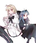  2girls antenna_hair arcueid_brunestud arm_support black_boots black_bow black_capelet black_dress black_shoes blonde_hair blue_hair blush boots bow buttons capelet coat commentary_request curtained_hair dress empty_eyes fur-trimmed_capelet fur_trim hair_bow hair_intakes hand_up highres knees_up large_bow len_(tsukihime) light_smile long_hair long_sidelocks looking_at_viewer matching_outfits melty_blood melty_blood:_twi-lumina multiple_girls numuhe official_alternate_costume pointy_ears pom_pom_(clothes) red_eyes shoes short_hair sidelocks single_hair_intake sitting smile sweater thigh_boots thighs tsukihime tsukihime_(remake) turtleneck turtleneck_sweater white_capelet white_coat white_dress white_sweater 