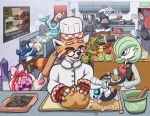absurd_res aggron ailurid anthro appliance apron aron bag baking bow_tie bubble carrot checkered chef chef_hat chef_uniform clothing cooking cookware dish dishwashing dough eeveelution english_text exit_sign eyes_always_closed eyes_closed eyewear fire_extinguisher flamigo food fruit frying_pan gardevoir generation_1_pokemon generation_3_pokemon generation_5_pokemon generation_7_pokemon generation_9_pokemon glasses go-two golisopod group hair_net happy hat haxorus headgear headwear hi_res holding_food holding_object kerchief kitchen kitchen_utensils lemon male mammal mixing_bowl net nintendo plant pokemon pokemon_(species) popplio red_panda restaurant rolling_pin sink smile sparkles sparkling_eyes stove text tinkaton tomato tools trash_bag trash_can vaporeon vegetable waiter washing_dishes