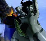 9/11 absurd_res alien alien_humanoid areola arm_tattoo armpit_hair black_hair black_lips black_pubes black_tattoo body_hair breasts curly_pubes digital_media_(artwork) digital_painting_(artwork) empty_eyes english_text erection explosion eyebrow_piercing eyeshadow facial_piercing fangs genital_piercing genitals gold_piercing green_areola green_eyeshadow green_nipples green_penis green_vulva grey_body grey_skin hair hands_behind_head herm hi_res homestuck horn horned_humanoid humanoid intersex leg_tattoo lexigoons lip_piercing lips long_hair low-angle_view makeup medium_breasts ms_paint_adventures nipples nude orange_horn painting_(artwork) penis penis_piercing piercing porrim_maryam pubes ridged_penis smile smoke solo tattoo teeth text thigh_tattoo troll_(homestuck) vein veiny_penis vulva white_eyes world_trade_center