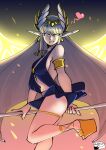  1girl armlet artist_name breasts circe_(fate) circlet clinickcase commentary cross-laced_sandals earrings english_commentary fate/grand_order fate_(series) grey_hair head_wings headpiece heart highres holding holding_staff jewelry long_hair medium_breasts midriff moon multicolored_eyes navel panties pink_nails pointy_ears revealing_clothes sandals smile solo staff stomach sun thighlet underwear very_long_hair weapon winged_hair_ornament wings 
