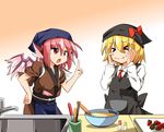  &gt;_&lt; :o :t adapted_costume alternate_costume animal_ears apron bird_wings blonde_hair bowl closed_eyes eating finger_wagging food food_on_face fruit hands_on_own_cheeks hands_on_own_face head_scarf japanese_clothes kimono moja_(moja4192) multiple_girls mystia_lorelei nakai_(waitress) okamisty pink_hair rumia scolding short_hair smile strawberry tasuki touhou valve washbowl wings 