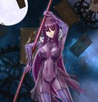  bodysuit breasts cameltoe covered_nipples dress fate/grand_order fate_(series) gae_bolg highres large_breasts long_hair navel nipples purple_bodysuit purple_dress purple_hair purple_skirt red_eyes ryuuzouji_usagi scathach_(fate)_(all) scathach_(fate/grand_order) see-through skirt solo thighhighs very_long_hair 