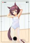  1girl absurdres animal_ears armpits arms_behind_head arms_up athletic_leotard bare_shoulders battery_indicator blunt_bangs blush bow brown_hair closed_mouth collarbone commentary_request covered_navel dot_mouth ear_bow ear_flower flat_chest hair_ornament hairband highres horse_ears horse_girl horse_tail indoors leotard looking_at_viewer nishino_flower_(umamusume) notice_lines pantyhose pink_hairband purple_eyes recording see-through_clothes see-through_pantyhose short_hair solo standing tail umamusume viewfinder white_leotard wooden_floor x_hair_ornament yashin_(yasinz) 