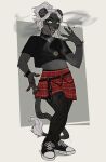 2022 absurd_res alternative_fashion anthro black_clothing black_shirt black_topwear bottomwear bracelet brg9u choker cigarette claws clothed clothing crop_top digital_media_(artwork) felid female fingers footwear fur green_eyes grey_body grey_fur hair hi_res jewelry legwear mammal markings midriff multicolored_clothing necklace open_mouth pantherine pattern_bottomwear pattern_clothing pattern_skirt pawpads plaid plaid_clothing red_bottomwear red_clothing red_skirt shirt shoes simple_background skirt smile smoke smoking solo tail tail_tuft teeth topwear tuft white_hair