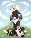 ambiguous_gender anthro blep cloud eevee eeveelution female feral flower frazy generation_1_pokemon generation_2_pokemon generation_3_pokemon generation_4_pokemon grass group group_photo groville hi_res linoone male nintendo outside pachirisu plant pokemon pokemon_(species) shiny_pokemon sitting smile tongue tongue_out umbreon