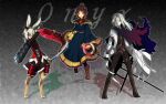  1boy 2girls alternate_color animal_ears armor belt belt_buckle black_pants blue_robe boots brown_belt brown_boots brown_eyes brown_hair buckle cloak club_(weapon) coat colored_shadow commentary_request corset digitigrade drive_blade_(sekaiju) frilled_robe frilled_sleeves frills full_body grey_hair hair_ornament hair_over_one_eye holding holding_club holding_staff holding_sword holding_weapon japanese_armor katana lab_coat lace-up_boots legs_apart long_hair looking_at_viewer mercury9 mononofu_(sekaiju) mononofu_4_(sekaiju) multiple_girls night_seeker_(sekaiju) night_seeker_1_(sekaiju) open_clothes open_coat outline pants rabbit_ears rabbit_girl red_corset red_eyes robe rune_master_(sekaiju) rune_master_4_(sekaiju) sekaiju_no_meikyuu sekaiju_no_meikyuu_4 shadow short_hair spiked_club staff standing subclass_(sekaiju) sword thigh_belt thigh_strap torn_cloak torn_clothes weapon white_coat white_hair white_outline wide_sleeves 