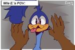 anthro avian bird canid canine canis comic coyote cuculiform duo first_person_view hi_res looney_tunes male male/male mammal new_world_ground_cuckoo offscreen_character on_top road_runner_(looney_tunes) roadrunner the_kor3 tongue tongue_out warner_brothers wile_e._coyote