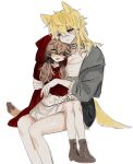  alternate_costume animal_ears bare_legs belt_collar big_bad_wolf big_bad_wolf_(cosplay) black_bow black_shorts blonde_hair blue_eyes blush blush_stickers boots bow breasts brown_boots brown_hair cat_girl cat_tail choker cloak collar cosplay dress embarrassed genderswap genderswap_(mtf) green_eyes grey_choker grey_eyes grey_jacket hair_between_eyes heterochromia highres hood hood_down hood_up hooded_cloak hooded_jacket hug jacket lace-up_boots large_breasts little_red_riding_hood_(fairy_tale_character) little_red_riding_hood_(fairy_tale_character)_(cosplay) long_hair long_sleeves looking_at_another looking_down low_twintails messy_hair mole mole_on_breast mole_on_neck mole_under_eye multicolored_hair multiple_moles nervous_sweating nijisanji nijisanji_en open_clothes open_jacket red_cloak shirt shorts sitting sitting_on_lap sitting_on_person size_difference sonny_brisko sukinakoto1ppai sweat tail twintails white_dress white_hair white_shirt wolf_ears wolf_girl wolf_tail yuri 