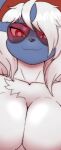 :3 absol absurd_res anthro anthrofied big_breasts black_nose blue_body breasts chest_tuft clothing collarbone eyewear female female_anthro fur generation_3_pokemon glasses hair hair_over_eye hat headgear headwear hi_res implied_nudity looking_at_viewer nintendo nomidraws nude pokemon pokemon_(species) pokemorph red_clothing red_eyes red_eyewear red_glasses red_hat red_headwear solo tuft white_body white_fur white_hair