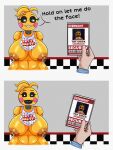 3:4 absurd_res animatronic anthro areola avian beakless belly big_breasts bird black_sclera breasts brown_areola chicken clothing comic creepy_face dialogue digital_media_(artwork) duo english_text facial_expression female five_nights_at_freddy's five_nights_at_freddy's_2 galliform glistening hair heart_pupils heart_symbol hi_res hold_on_let_me_do_the_face huge_breasts id_card looking_at_viewer lovetaste_chica machine male mammal meme mostly_nude nipple_piercing nipples noseless nude open_mouth phasianid piercing puffy_areola puffy_nipples robot scottgames sharp_teeth simple_background slightly_chubby smile solo_focus teeth text thick_thighs toy_chica_(fnaf) vexter_arts white_eyes wide_hips yellow_body