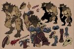 3:2 action_pose anthro armor bone breasts clothing female gauntlets genitals gloves gnoll handwear hi_res hyena mace mammal melee_weapon model_sheet penis pose scar skull solo vonepitaph vulva weapon