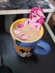2026 absurd_res bathing beverage black_eyebrows coffee computer_mouse container controller cup dibujito disney earth_pony equid equine eyebrows eyelashes eyes_closed female female_feral feral fidget_spinner friendship_is_magic fur game_controller hasbro heart_symbol hi_res hooves horse mammal mane mickey_mouse micro mixed_media mug my_little_pony open_mouth orange_tongue partially_submerged photo_background photography_(artwork) pink_body pink_fur pink_hooves pink_mane pink_tail pinkie_pie_(mlp) pony quadruped relaxing ripples semi-anthro sitting snout solo steam tail teeth tongue unguligrade
