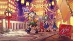  5girls :d ^_^ absurdres architecture banner black_boots black_hat blue_dress blue_skirt boots bow bridge brown_shoes building city closed_eyes commentary_request detached_sleeves disembodied_linked_eye doggo_1d34 dress east_asian_architecture flower former_capital frog_hair_ornament fujiwara_no_mokou gohei green_eyes green_hair green_skirt grey_hair hair_between_eyes hair_bow hair_ornament hat heart heart_of_string highres holding holding_flower holding_gohei kamishirasawa_keine kochiya_sanae komeiji_koishi komeiji_satori lantern long_hair long_sleeves multiple_girls neckerchief open_mouth pants pink_hair pink_skirt pink_slippers red_boots red_eyes red_neckerchief red_pants shirt shoes short_hair signature skirt sleeveless sleeveless_shirt slippers smile suspenders touhou twitter_username walking white_bow white_shirt wide_sleeves yellow_shirt 