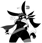 anthro belt big_breasts black_body black_ears black_fur black_tail breasts cheek_tuft cleavage clothed clothing cropped_jacket exclamation_point eye_scar facial_scar facial_tuft featureless_crotch female fur hood huge_breasts jacket jacket_belt lagomorph leporid looking_down mammal monochrome navel partially_clothed question_mark rabbit sabgong safety_pin safety_pin_in_ear scar scut_tail short_tail simple_background solo tail thick_thighs topwear tuft under_boob veil_(sabgong) white_background white_clothing white_hood white_jacket white_topwear