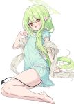  1girl :3 @_@ absurdres bare_legs barefoot black_tail blue_archive blue_nightgown blue_pajamas blush brown_scrunchie commentary demon_tail full_body green_hair green_halo grey_scrunchie grey_shawl grid_print grid_shawl hair_between_eyes hair_ornament hair_scrunchie halo highres long_hair looking_at_viewer low_side_ponytail metaljelly nightgown nozomi_(blue_archive) nozomi_(kujibikido)_(blue_archive) official_alternate_costume official_alternate_hairstyle open_mouth pajamas pointy_ears scrunchie shawl side_ponytail simple_background single_paw_pose sitting solo tail untranslatable_commentary white_background yellow_chemise yellow_eyes 