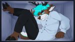 16:9 2026 2_horns against_surface angry annoyed anthro antlers bent_legs biped black_bottomwear black_clothing black_pants blue_clothing blue_eyes blue_hair blue_shirt blue_topwear bottomwear brown_body button_(fastener) cheek_tuft clothed clothed_anthro clothed_male clothing cloven_hooves collared_shirt conhugo deer detailed_background dewclaw_hooves ear_piercing ear_ring eyebrows facial_tuft feet floor fluffy frown full-length_portrait fully_clothed fully_clothed_anthro fully_clothed_male fur gesture glistening grey_background grey_clothing grey_shirt grey_topwear hair half-closed_eyes hi_res hooves horn inner_ear_fluff inside jewelry leaning leaning_on_object leaning_on_wall lying male male_anthro mammal mouth_closed narrowed_eyes new_world_deer pants piercing portrait pose raised_leg reindeer ring ring_piercing shaded shirt short_hair short_tail simple_background sitting sitting_on_ground sleeves snout solo tail teeth topwear tuft unguligrade wall_(structure) white_body widescreen