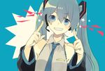  bad_id bad_pixiv_id bare_shoulders blue_eyes blue_hair blush detached_sleeves grin hatsune_miku headset long_hair looking_at_viewer necktie pointing pointing_at_self smile solo twintails vocaloid 