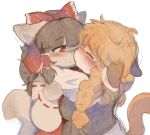  2girls animal_ears black_hair blonde_hair blush bow braid breasts closed_eyes closed_mouth detached_sleeves dog_ears dog_girl dog_tail furrification furry furry_female hair_bow hakurei_reimu highres kirisame_marisa kiss large_breasts long_hair medium_hair multiple_girls nessiemooo plum plump red_bow red_eyes shirt sleeveless sleeveless_shirt smile tail touhou twin_braids yuri 