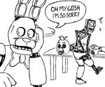  2015 animatronic avian bib bird bonnie_(fnaf) bow_tie butt chica_(fnaf) chicken embarrassed endoskeleton five_nights_at_freddy&#039;s flustered lagomorph machine mammal mechanical rabbit robot souldozer teeth video_games 