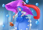  blue_hair heterochromia jyakariko karakasa_obake red_eyes short_hair solo tatara_kogasa tongue touhou umbrella 