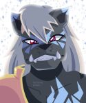 anthro bandai_namco black_body black_fur bust_portrait digimon digimon_(species) felid fur grin hair hi_res looking_at_viewer male mammal mana-chan murasamemon muscular muscular_anthro muscular_male pantherine portrait red_eyes sharp_teeth smile solo tattoo teeth tusks white_hair