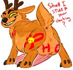 2016 antlers anus balls big_balls big_penis black_eyebrows black_hooves black_nose body_writing brown_antlers brown_body brown_fur christmas crownedvictory deer digital_drawing_(artwork) digital_media_(artwork) english_text eyebrows feral flat_colors full-length_portrait fur genitals green_eyes grin handwritten_text holidays hooves horn huge_balls huge_penis looking_at_viewer looking_back looking_back_at_viewer male male_feral mammal mischievous_smile new_world_deer paint_tool_sai_(artwork) penis pink_penis portrait raised_tail rear_view red_text reindeer scut_tail short_tail simple_background smile solo standing tail tail_anus teeth text unguligrade urak_(crownedvictory) white_background