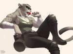 anthro armwear boots breasts claws cleavage clothed clothing dreamworks ear_piercing felid female finger_claws footwear fur green_eyes grey_body grey_fur hi_res kinuli kitty_kat_(the_bad_guys) licking lollipop_in_mouth looking_at_viewer mammal markings multicolored_body multicolored_fur muscular muscular_female pantherine piercing raised_leg shoes simple_background snow_leopard solo spots spotted_body spotted_fur the_bad_guys tongue topwear torn_clothing torn_topwear two_tone_body two_tone_fur