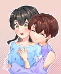  2girls absurdres artist_name bare_shoulders black_hair blue_sweater blush brown_hair closed_eyes closed_mouth clothing_cutout collarbone commentary_request earrings eyelashes hair_between_eyes hair_intakes heart highres hug hug_from_behind jewelry long_hair long_sleeves multiple_girls open_mouth original outline pink_background short_hair shoulder_cutout smile split_mouth sweater teeth upper_teeth_only very_short_hair vyaradhita white_outline yellow_eyes yuri 