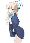 1girl absurdres aqua_bow blonde_hair blue_archive blue_eyes blue_halo blue_jacket blue_skirt blush bow bowtie braid breasts buttons cardigan closed_mouth clothes_lift collared_shirt commentary cowboy_shot dress_shirt embarrassed hair_bow half_up_braid halo highres jacket leaning_forward lifting_own_clothes long_hair long_sleeves looking_at_viewer miniskirt open_cardigan open_clothes open_jacket pleated_skirt school_uniform shirt shirt_tucked_in sidelocks simple_background skirt skirt_lift solo standing thighs tisofofo toki_(blue_archive) white_background white_shirt 