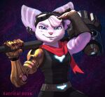 2026 absurd_res anthro artist_name belt blue_eyes breasts clothing cybernetic_arm cybernetic_limb ear_piercing ear_ring eyebrows eyewear eyewear_on_head female fur gloves goggles goggles_on_head hammer handwear head_tuft hi_res lombax mammal piercing ratchet_and_clank ring_piercing rivet_(ratchet_and_clank) scarf small_breasts smile solo sony_corporation sony_interactive_entertainment striped_body striped_fur stripes text tools tuft white_body white_fur yacrical