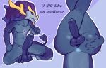 absurd_res anthro anus aurelion_sol_(lol) balls blue_body butt crouching dialogue dragon english_text erection foreskin genitals gesture hair hand_gesture hand_on_butt hi_res humanoid_genitalia humanoid_penis league_of_legends legs_up male mane mane_hair mythological_creature mythological_scalie mythology ofieryclover partially_retracted_foreskin penis penis_tuck pointing pointing_at_penis presenting presenting_anus presenting_penis purple_body riot_games scalie solo tail talking_to_viewer tencent text