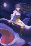  1girl animal black_hair black_socks brown_eyes closed_mouth cloud commentary dress english_commentary floating_hair full_moon grey_jacket hair_between_eyes hood hood_down hooded_jacket jacket long_hair moon night no_shoes original outdoors riding riding_animal shark sky socks solo very_long_hair watermark xinta yellow_dress 