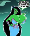  big_breasts black_hair breast_expansion breasts cleavage clothed clothing danny_phantom desiree english_text female ghost green_skin grimphantom hair huge_breasts lips solo spirit text wide_hips 