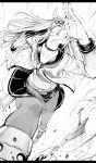  1girl absurdres animal_ears choker clenched_teeth collarbone greyscale highres horse_ears horse_girl horse_tail letterboxed long_hair long_sleeves midriff monochrome navel niwarhythm oguri_cap_(starlight_beat)_(umamusume) oguri_cap_(umamusume) pantyhose running sailor_collar skirt solo sweat tail teeth umamusume 