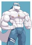 absurd_res anthro barazoku big_muscles big_pecs canid canine canis clothing fur headgear headwear hi_res holding_object huge_pecs male mammal muscular muscular_anthro muscular_male original_character_do_not_steal pecs shinobiya shinobiya_takemura solo standing white_body white_fur wolf