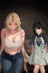  2girls absurdres alternate_costume anger_vein averting_eyes black_jacket black_panties blonde_hair blue_eyes blush breasts cleavage closed_mouth colored_inner_hair commentary crop_top denim dress earrings female_rover_(perpetual_spark)_(wuthering_waves) female_rover_(wuthering_waves) fleurdelys_(wuthering_waves) flying_sweatdrops hair_ribbon heenna0925 highleg highleg_panties highres horns jacket jeans jewelry large_breasts long_hair long_horns long_pointy_ears looking_at_another looking_to_the_side multicolored_hair multiple_girls navel open_fly open_mouth panties pants pointy_ears ribbon rover_(wuthering_waves) shirt sidelocks single_horn stomach strap_slip triangle_earrings underwear untranslatable_commentary white_dress white_shirt wuthering_waves yellow_eyes yellow_horns yellow_ribbon yuri 