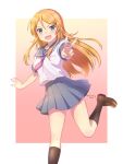  1girl absurdres artist_name black_socks blonde_hair blue_eyes brown_shoes commentary_request fang foot_out_of_frame gradient_background grey_sailor_collar grey_skirt highres kousaka_kirino kousaka_kirino's_school_uniform loafers long_hair looking_at_viewer midriff_peek neckerchief open_mouth ore_no_imouto_ga_konna_ni_kawaii_wake_ga_nai outside_border outstretched_arm pink_neckerchief pleated_skirt sailor_collar school_uniform serafuku shirt shoes skirt smile socks solo standing standing_on_one_leg v white_background white_shirt wishingstar0724 