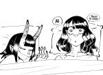  2girls after_sex bite_mark bite_mark_on_cheek bite_mark_on_face bite_mark_on_neck bite_mark_on_shoulder blanket clinickcase closed_mouth commentary english_commentary fate/grand_order fate_(series) fingernails highres implied_after_sex katsushika_hokusai_(fate) katsushika_hokusai_(first_ascension)_(fate) lying multiple_girls on_back on_bed oni open_mouth pillow pointy_ears sharp_fingernails sleeping smile under_covers wide-eyed yuri 