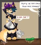 3_toes anthro artist_name barefoot bow_ribbon cats_vs._cucumbers cleaning_tool clothing colored cucumber cuffs_(clothing) dialogue digital_drawing_(artwork) digital_media_(artwork) domestic_cat dress ear_piercing english_text eyebrows feet felid feline felis female food frilly frilly_clothing frilly_dress front_view fruit full-length_portrait fuuki_art hair heart_(marking) hi_res holding_cleaning_tool holding_mop holding_object inner_ear_fluff inside korean_text leg_warmers legwear line_art maid_uniform mammal markings meme mop naomi_(fuuki_art) offscreen_character orange_eyes piercing plant portrait purple_hair shaded solo speech_bubble standing tail talking_to_another text toes tuft uniform