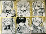  1boy 5girls animal_ears archer_(navigavi) auyn_(harten) bare_shoulders belt_buckle blush braid breasts bright_pupils buckle buttons character_request child cleavage closed_mouth collared_shirt comiket_107 commentary_request covered_collarbone cross dress elf eyelashes fantasy gloves grin hair_between_eyes hair_ornament hairclip halter_dress halterneck hand_up hands_up harten harten_(character) highres hood hood_down hoodie jun_(navigavi) kiri_(harten) large_breasts leaf_hair_ornament long_hair long_sleeves looking_at_viewer mage_(navigavi) messy_hair monochrome multiple_girls no_pupils nose_shade original own_hands_together paper_background parted_lips photo_(medium) pointy_ears portrait scarf shirt short_hair short_sleeves side_braid sidelocks simple_background sketch slit_pupils smile spiked_knuckles spot_color teeth traditional_media upper_body upper_teeth_only yellow_background 