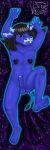 absurd_res anthro balls bangs blue_body blue_eyes blue_fur bovid bovine cattle cosmic_background dakimakura dakimakura_design digital_media_(artwork) eyeliner feet feet_up fur genitals gesture hair hi_res horn long_hair looking_at_viewer lying makeup male mammal mottled mottled_nose nipple_outline nipple_piercing nipples nude open_mouth pasties penis piercing signature smile solo tail tail_tuft teeth toes tuft zoey_valsean zoey_valsean_(artist)